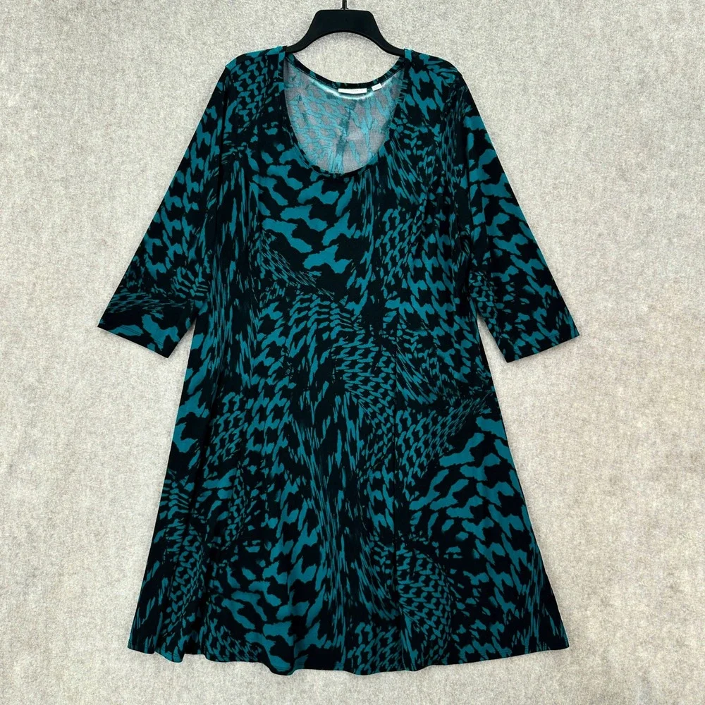 Susan Graver Liquid Knit Teal Black Abstract Stretch 3/4 Sleeve Dress Size XL - Picture 1 of 7
